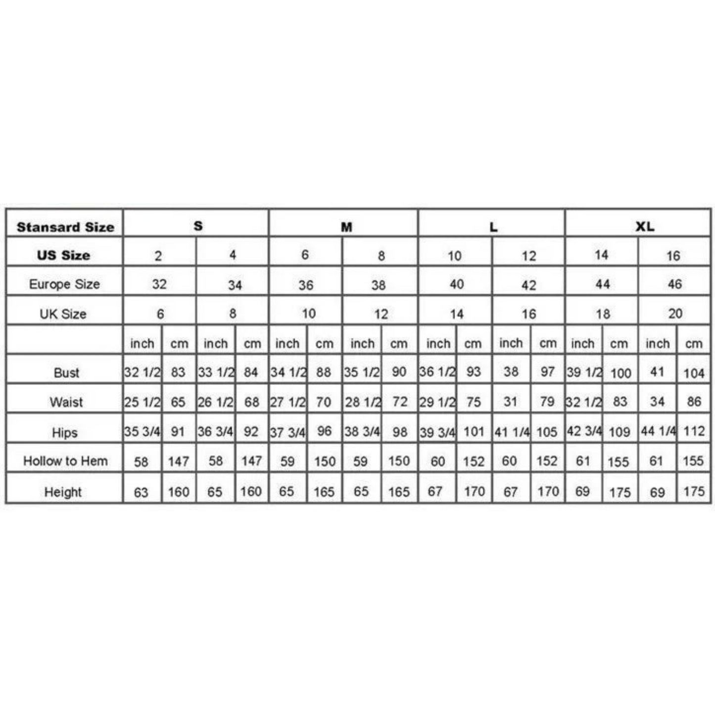 Size chart and measurements for strapless column gown"