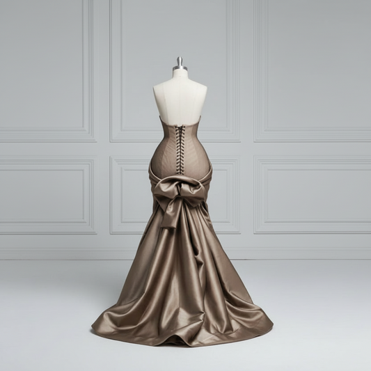 Back view of brown halter mermaid gown showing gathered bustle detail and lace-up closure"