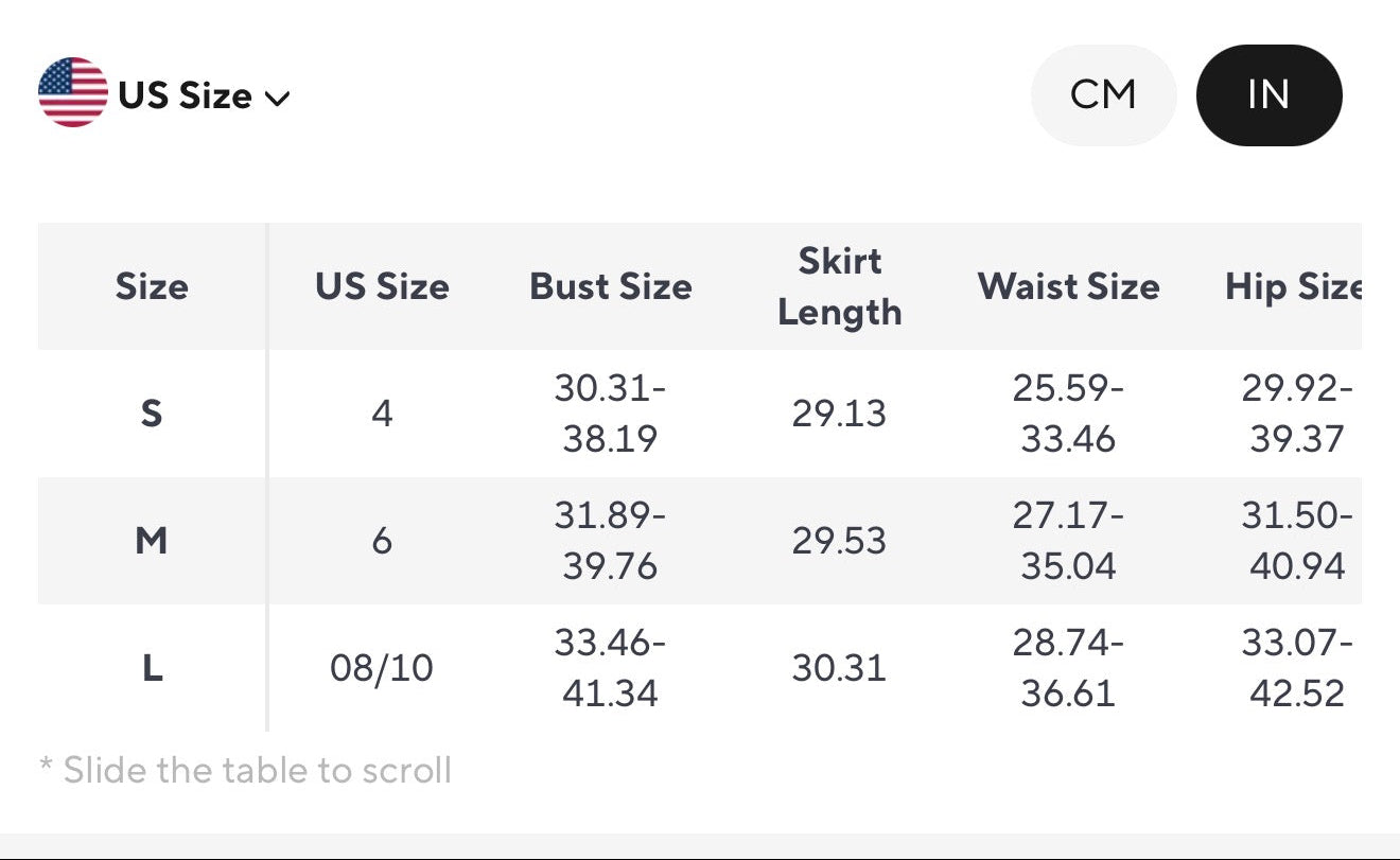 Size chart for black turtleneck mini dress