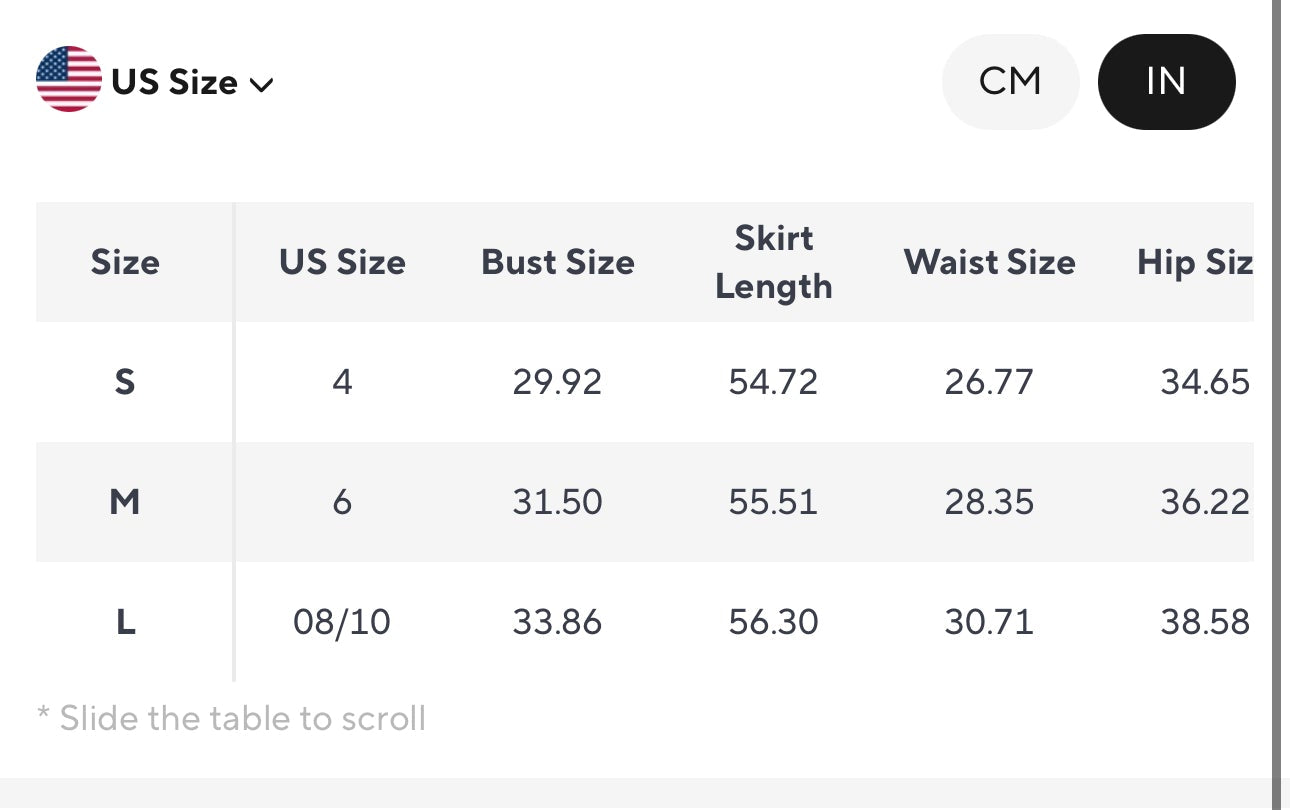 Size chart for chiffon high slit baroque womens dress measurements and fit guide