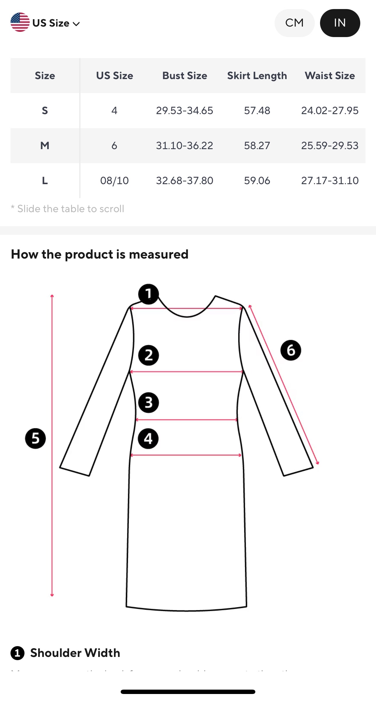 Size chart for transparent mesh maxi dress with bodysuit