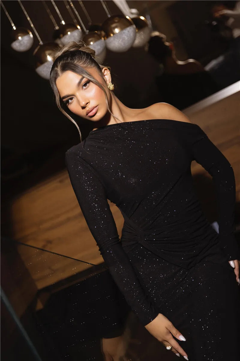 Long Sleeve One-Shoulder Bodycon Ruched Maxi Dress