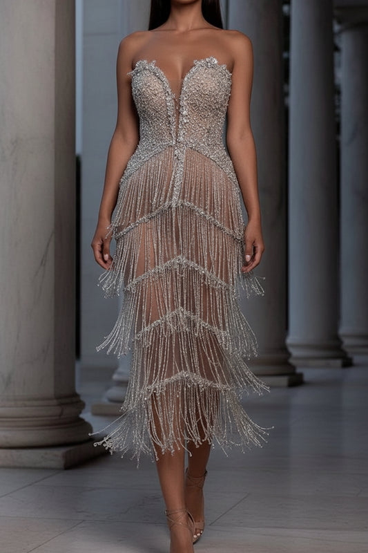 Strapless fringe midi dress in silver