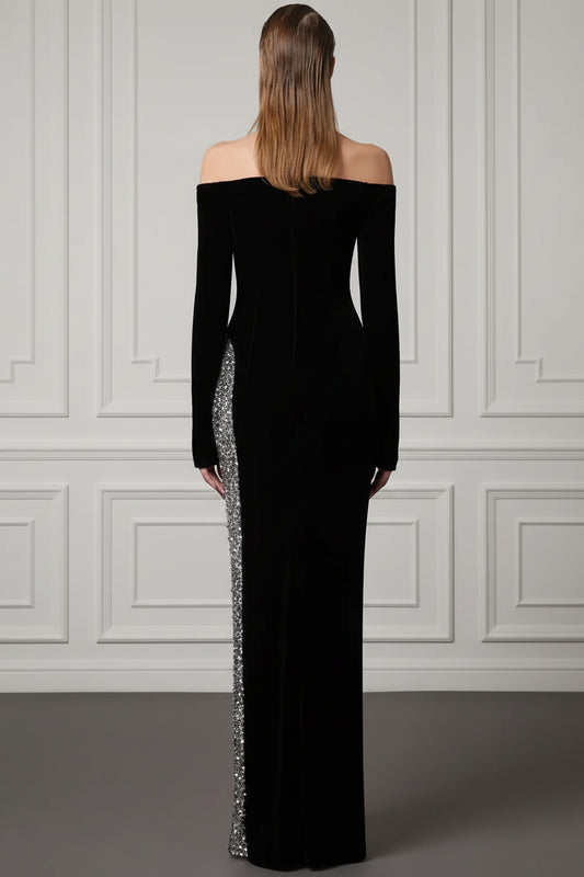 Black rhinestone beaded off-shoulder maxi dress - back view"