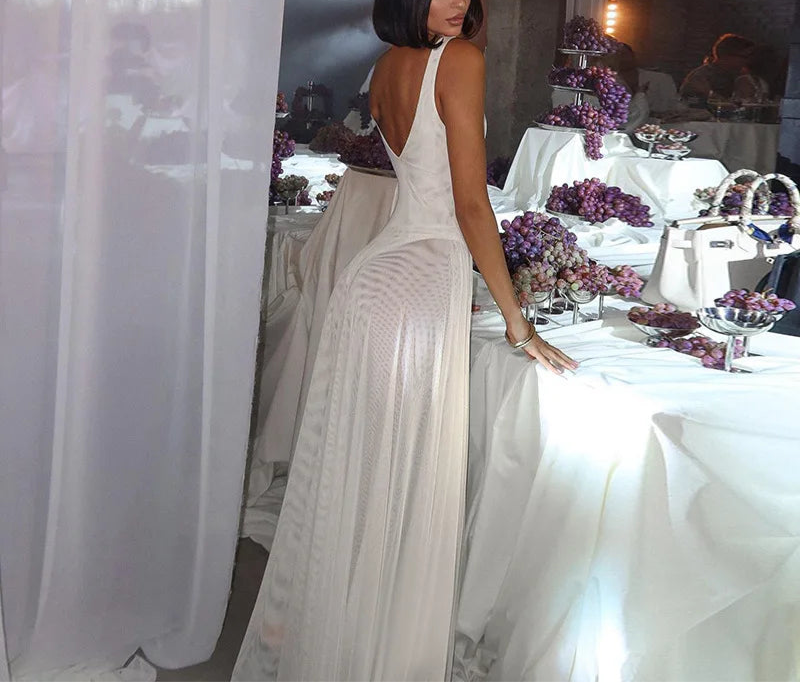 Back view of mesh maxi dress with bodysuit