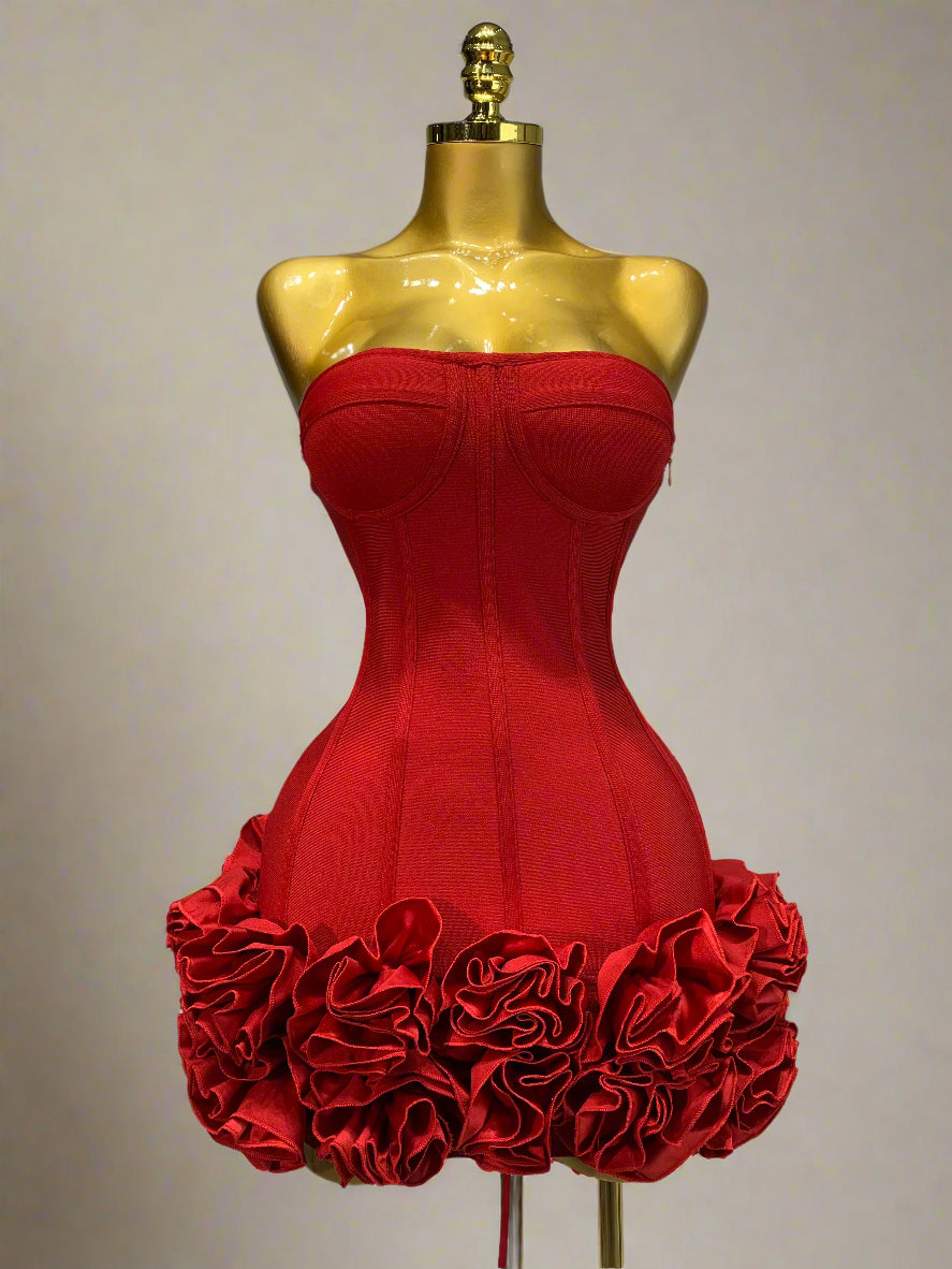 Womens strapless flower embellished mini dress in red