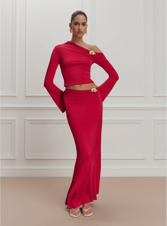 Women's two-piece maxi skirt and crop top set in red