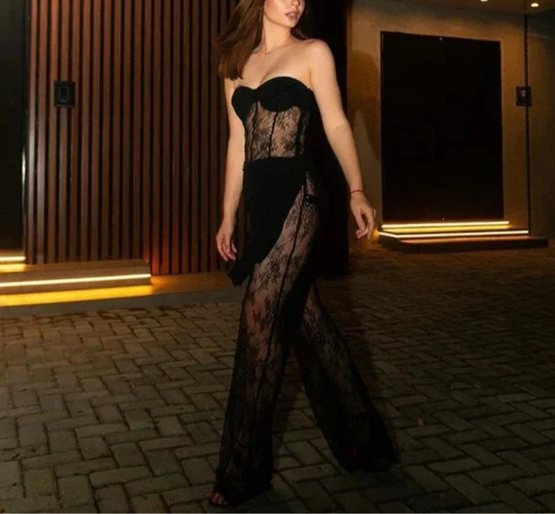 Side profile of black lace jumpsuit highlighting strapless cut and shape
