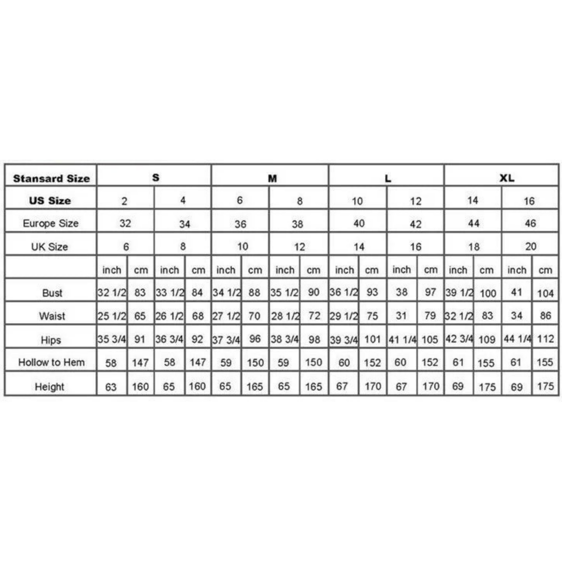 Size chart and measurements for strapless column gown"