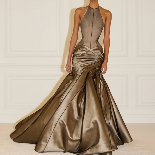 Couture brown halter mermaid satin evening gown with ruched hip detail - front view
