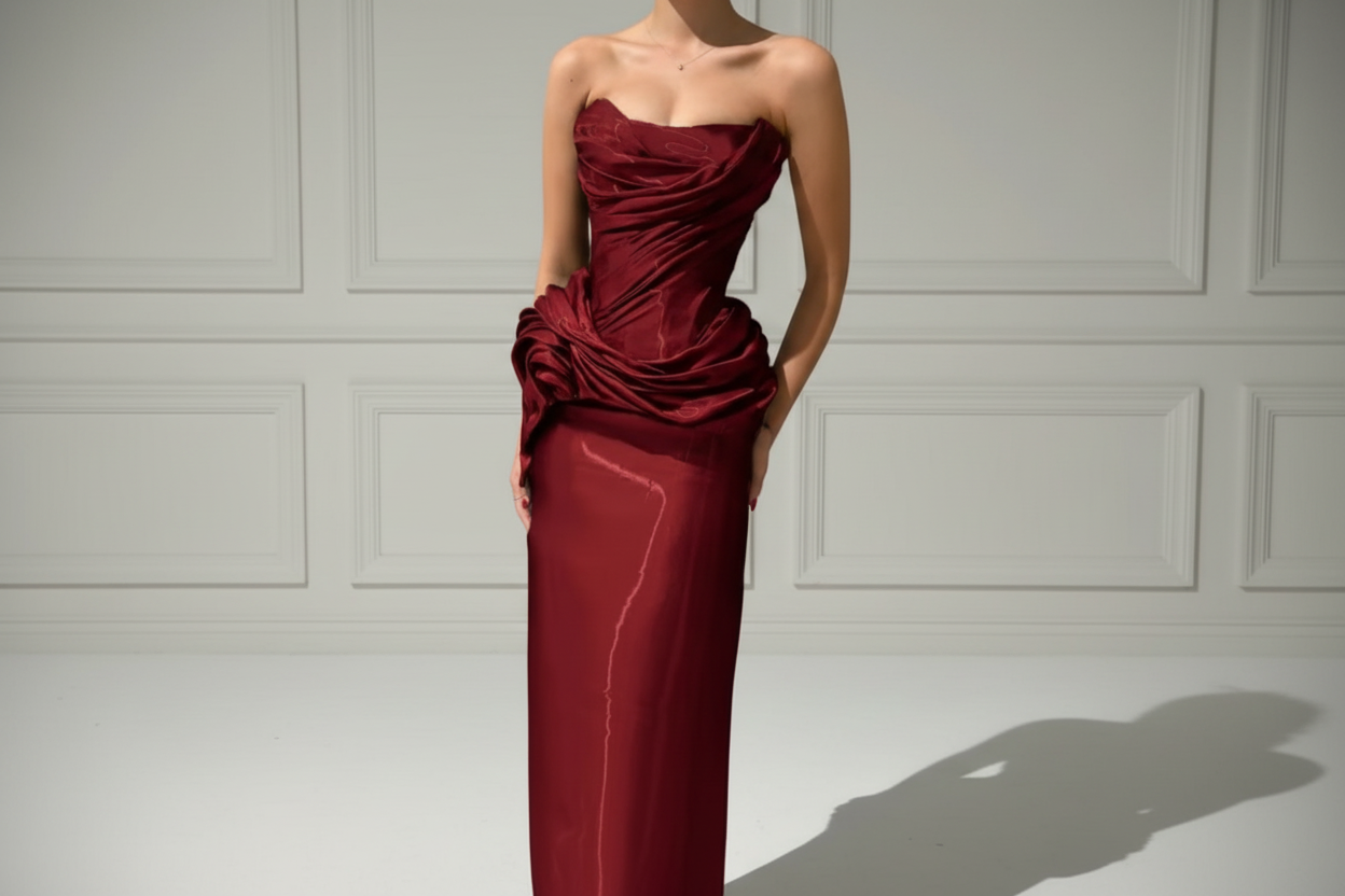 Burgundy strapless column gown with ruched bodice detail - front view"