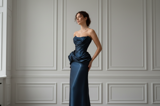 Royal blue strapless column gown with ruched bodice detail - front view