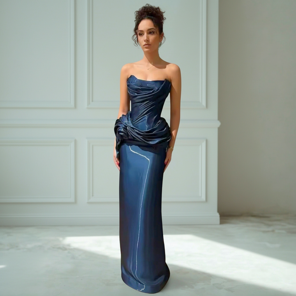 Royal blue strapless column gown with ruched bodice - alternate front angle