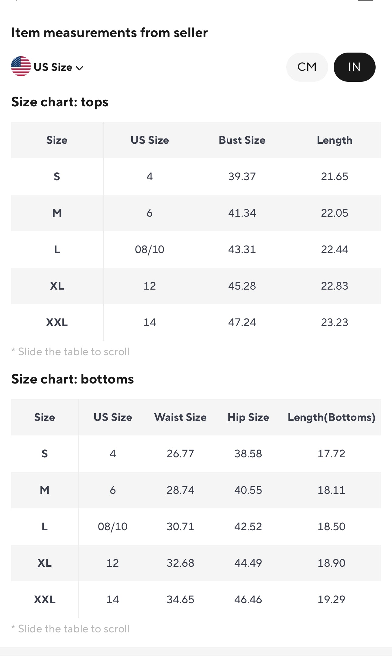 Measurement chart showing size guide for floral print shorts set