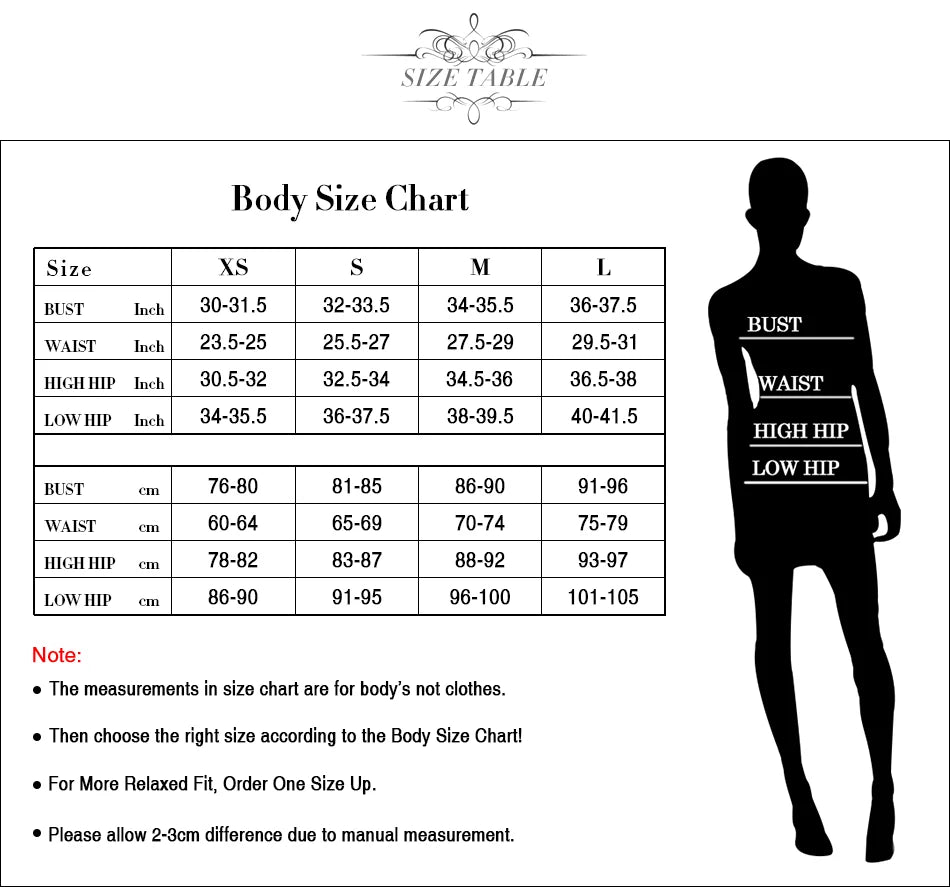 Body size chart with measurements for corseted dress
