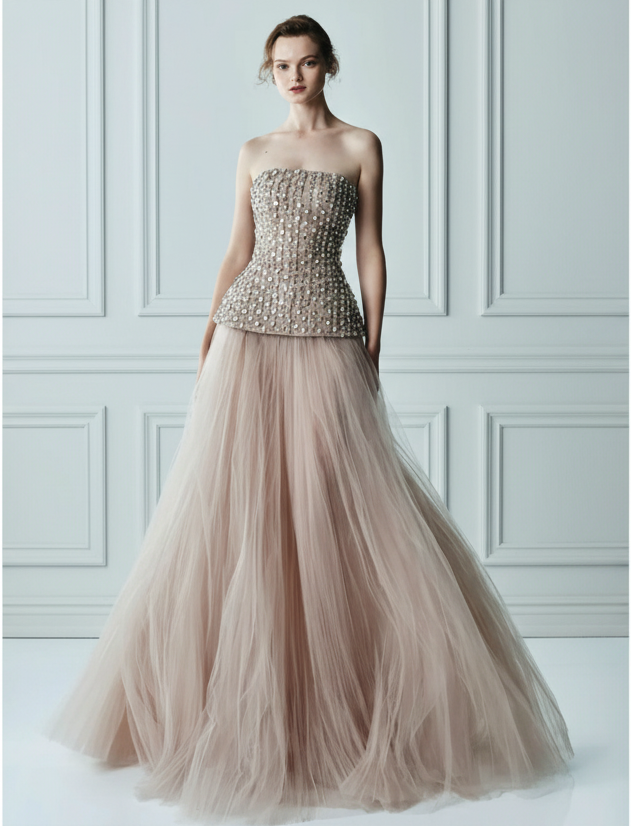 Full picture of crystal peplum tulle two-piece ball gown

