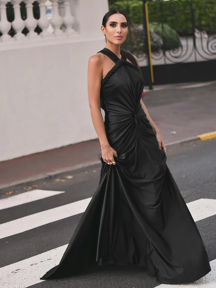 Size chart for asymmetrical strappy satin gown measurements and fit guide