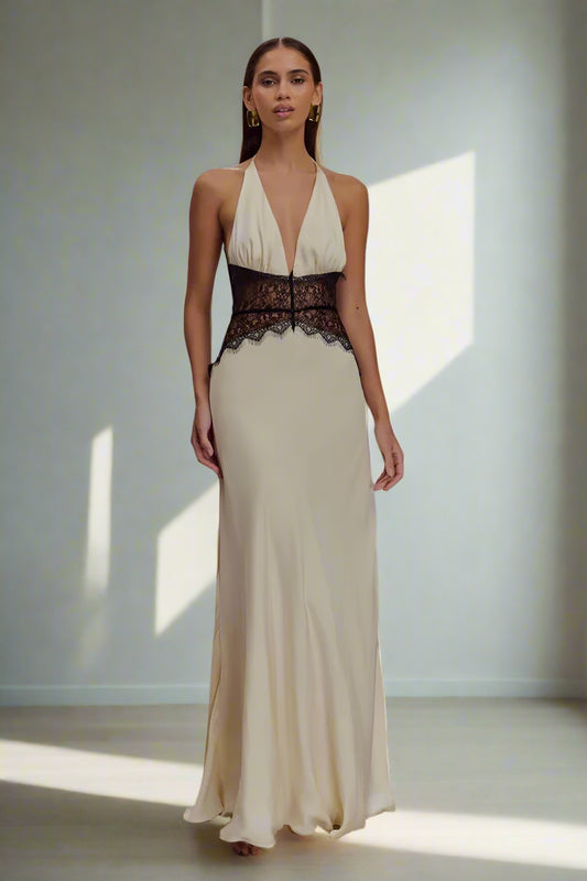 Backless lace halter maxi dress with form-fitting A-line silhouette