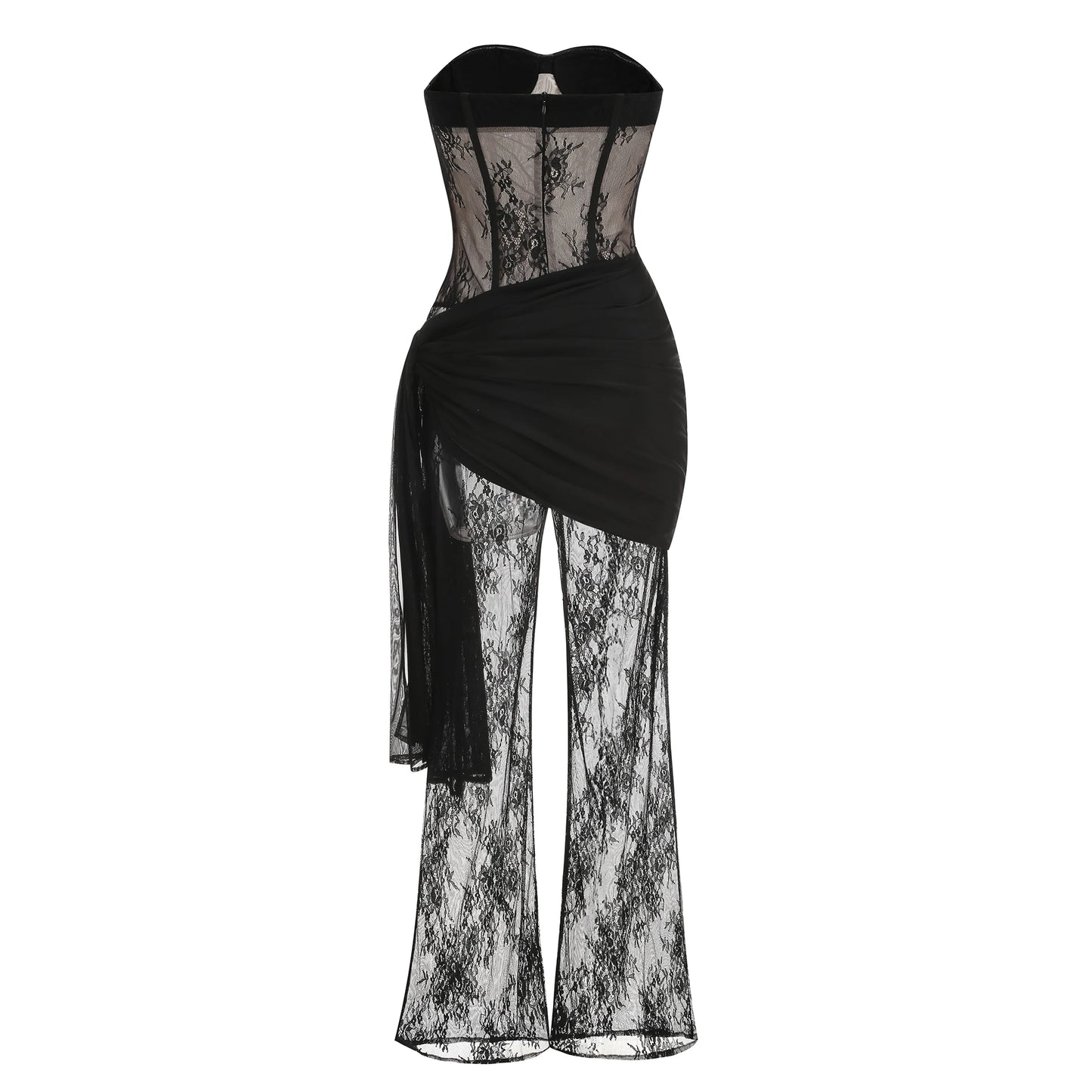 Back view of womens lace strapless jumpsuit showing fitted silhouette