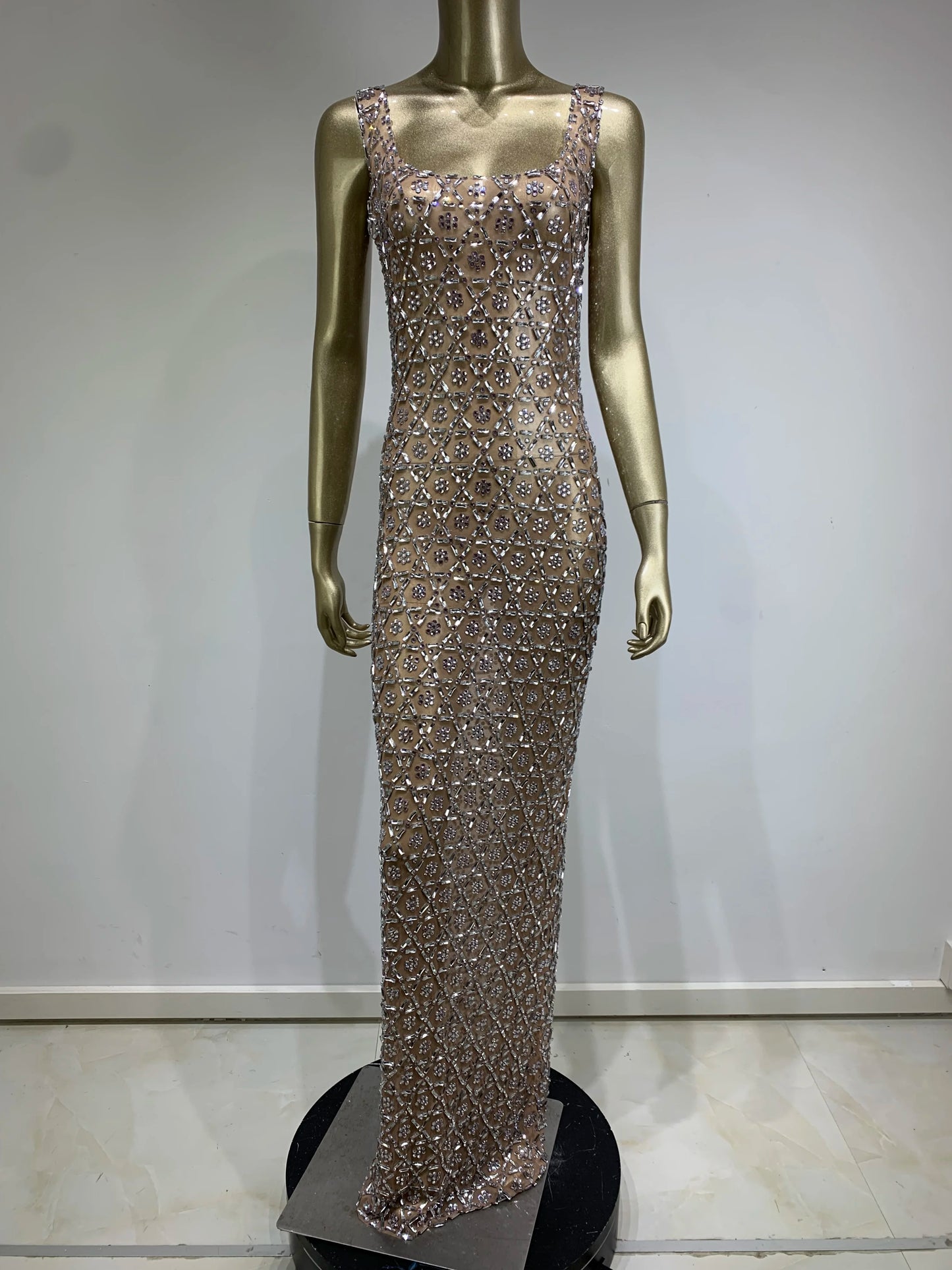 Glam mesh crystal maxi dress with intricate rhinestones and sheath silhouette