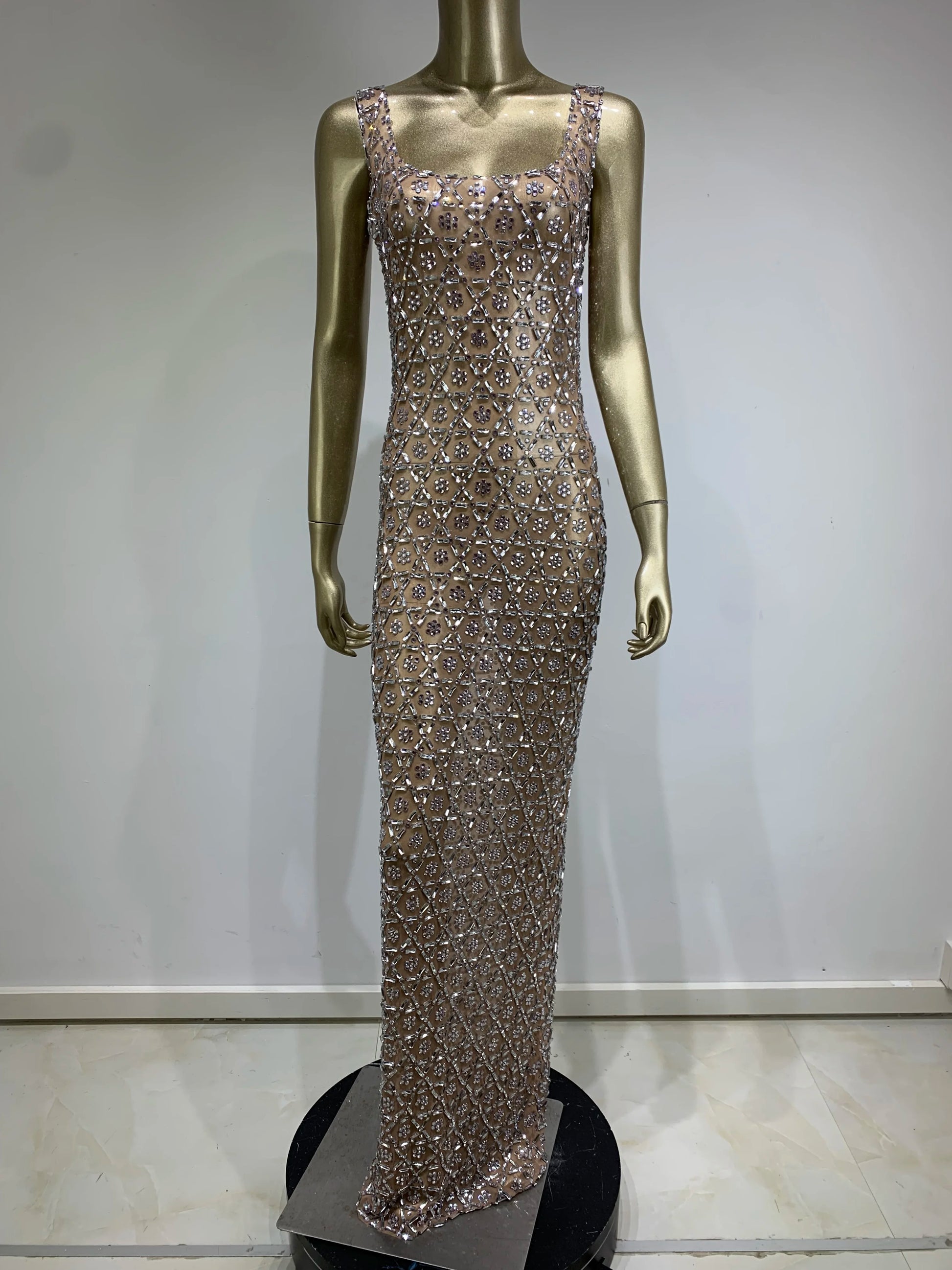 Glam mesh crystal maxi dress with intricate rhinestones and sheath silhouette