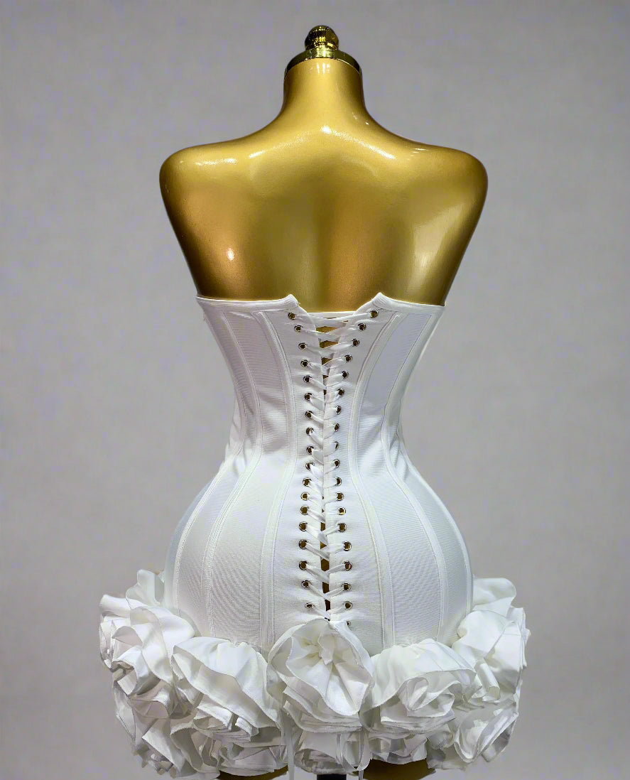 Back view of strapless cocktail mini dress white