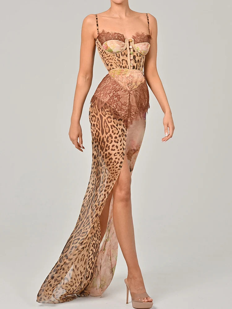 Side view showing high slit detail on chiffon baroque maxi dress