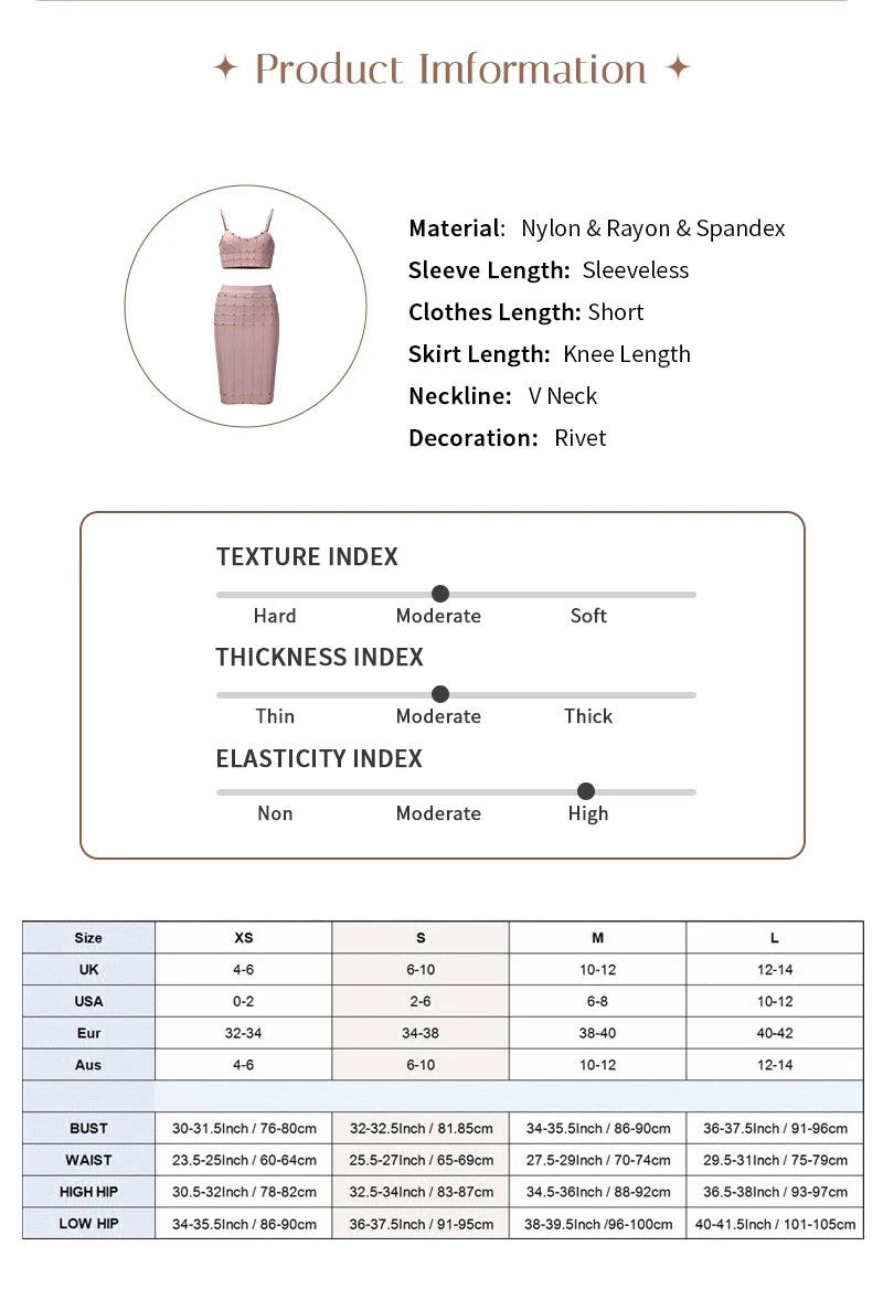 "Size chart for pink bandage two-piece skirt set