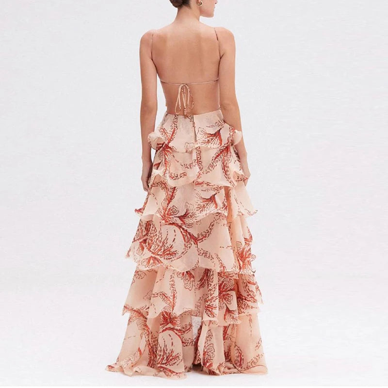 back view of butterfly print ruffle maxi dress