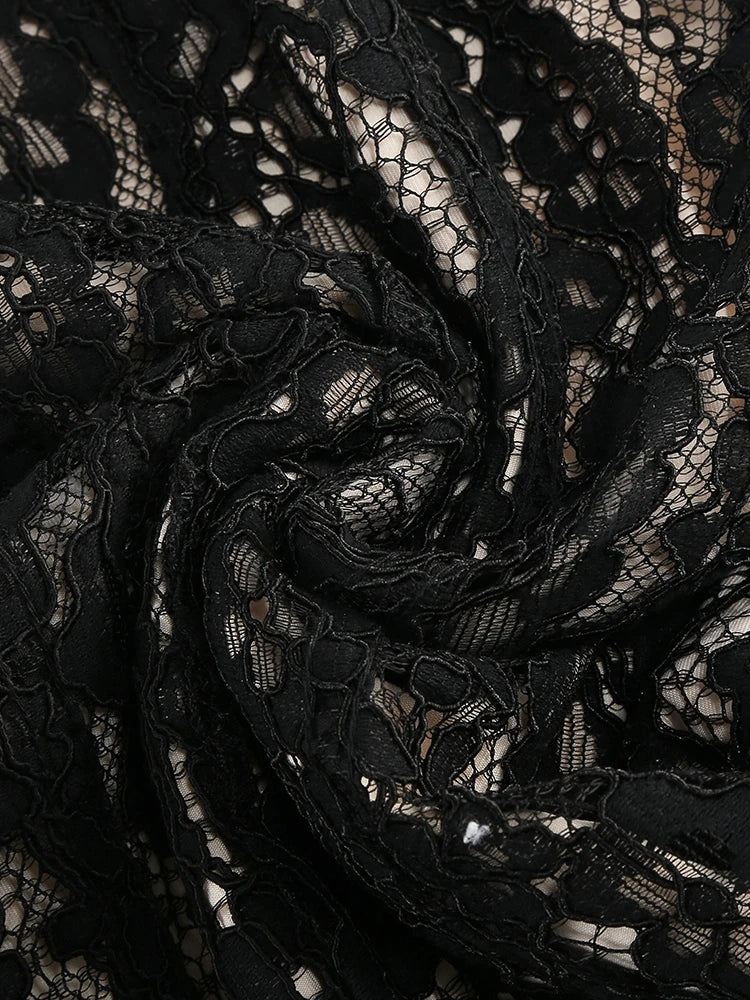 Close-up of black lace fabric with intricate patterns