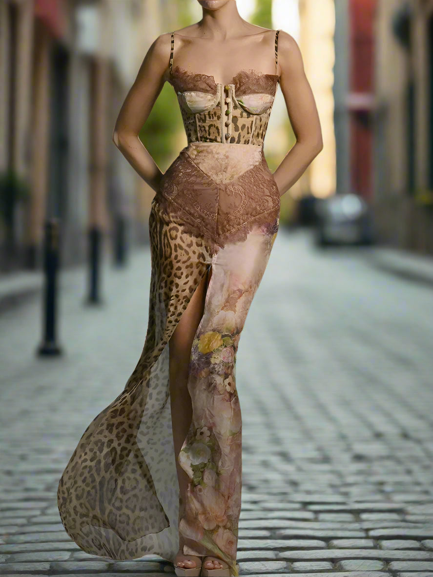 Close-up of sheer baroque leopard print pattern on chiffon dress in coffee