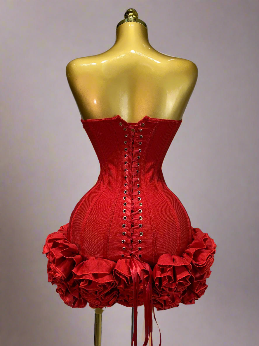 Back view of strapless cocktail mini dress in red