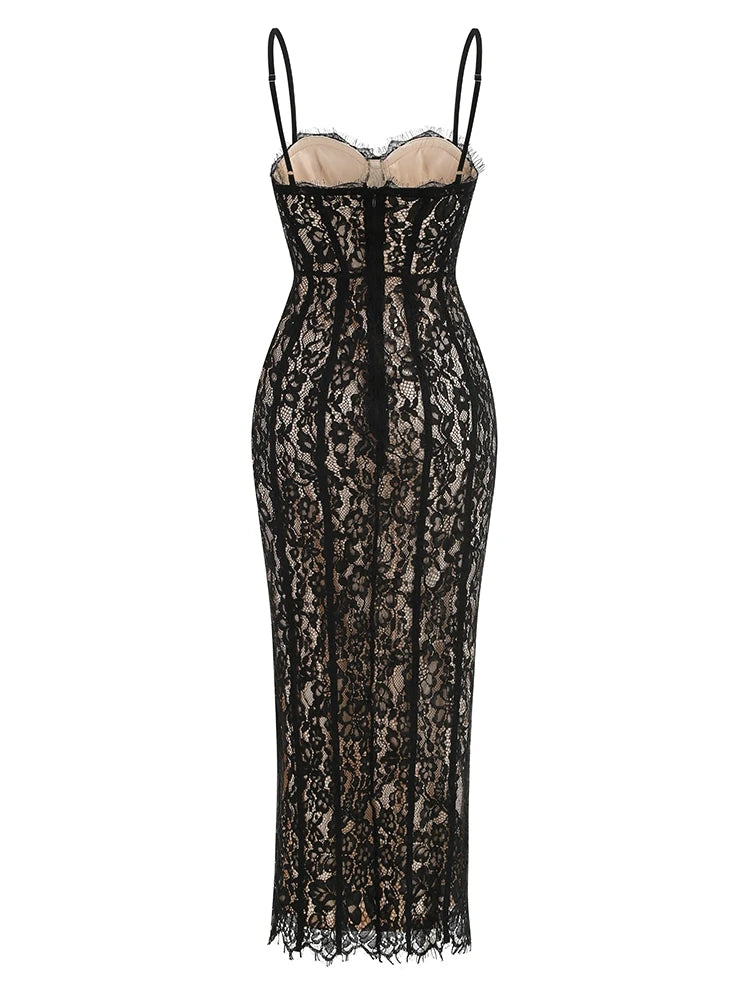 Full length back view of the floral lace bodycon dress