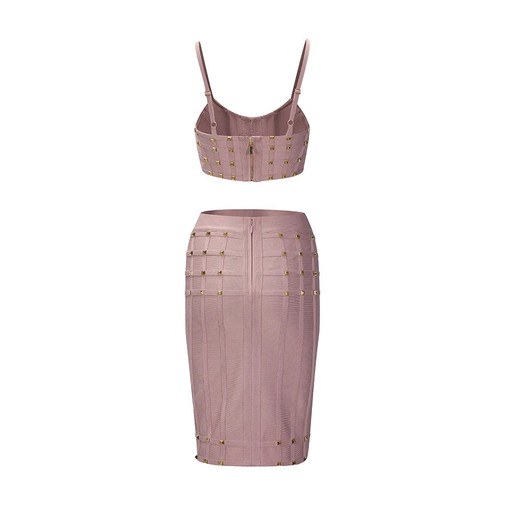 Back view of pink bandage skirt set showing fit and silhouette