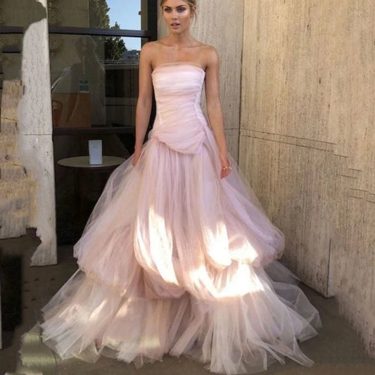 "Graceful tulle tiered evening gown in pink