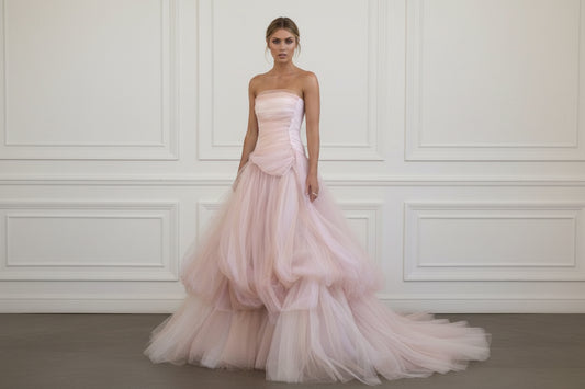 Pink tulle tiered ball gown - full front view