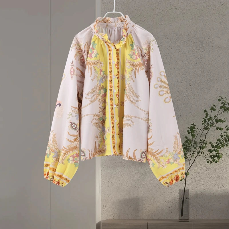 Floral print button-up top with lantern sleeves in yellow