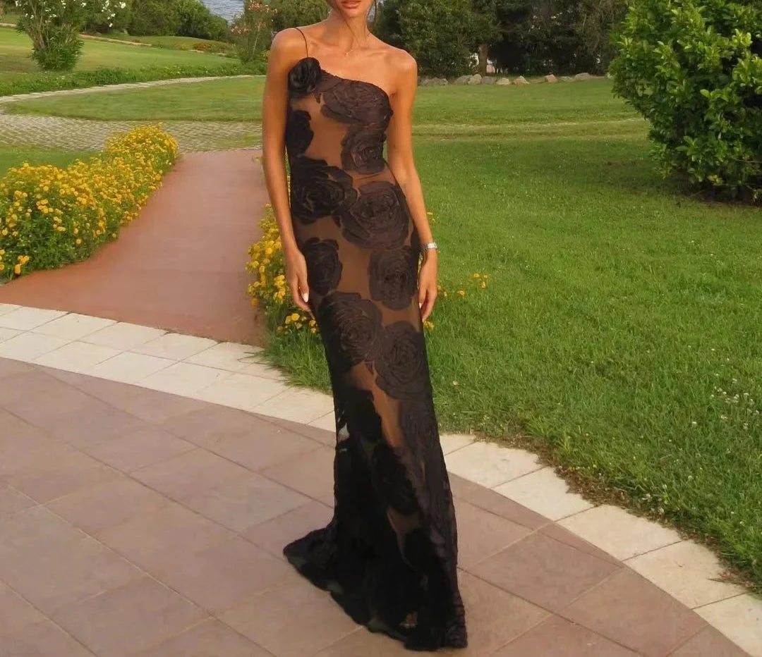 One Shoulder Big Flower Sheer Maxi Dress