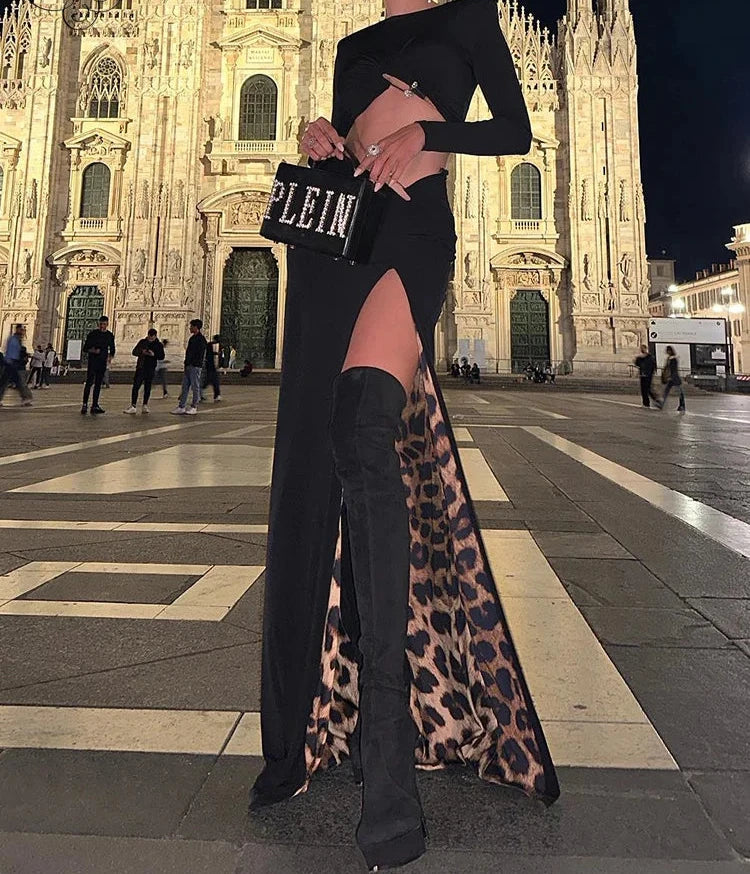 Long Sleeve Crop Top And High Slit Maxi Skirt Set