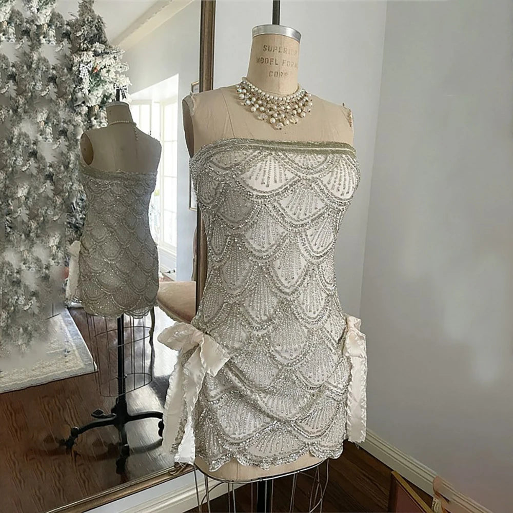 Custom Hand-Beaded Silver Mini Dress