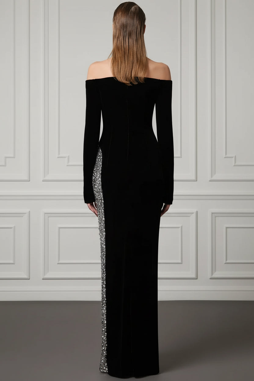 Black rhinestone beaded off-shoulder maxi dress - back view"