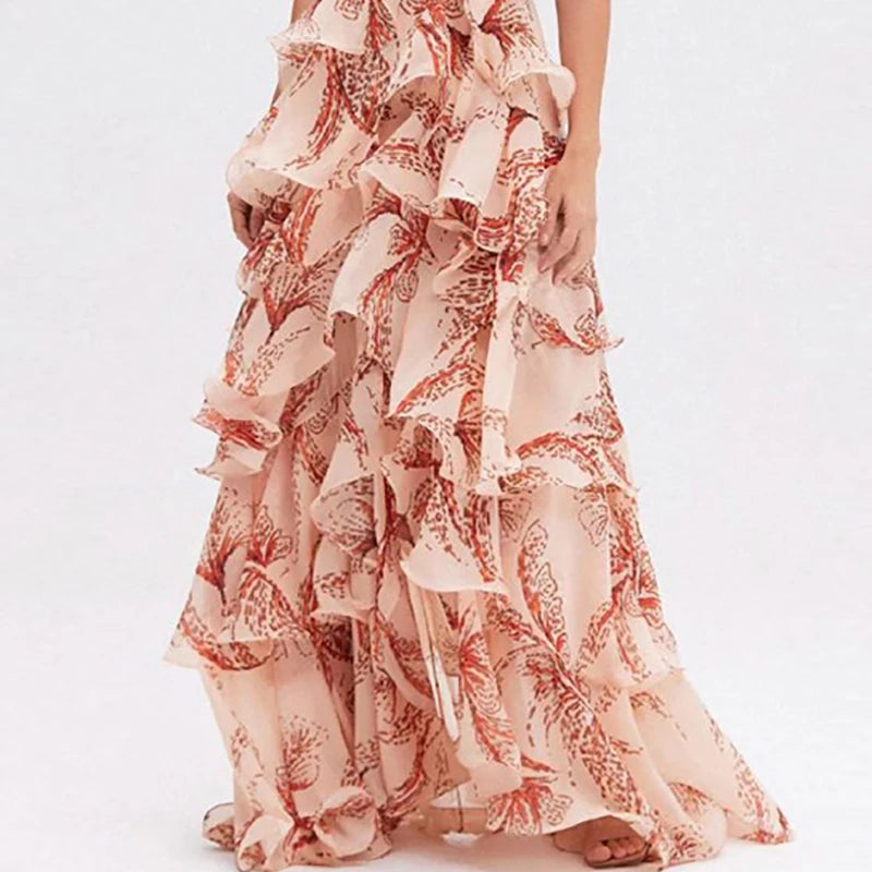 Close-up of butterfly print and ruffle detail
