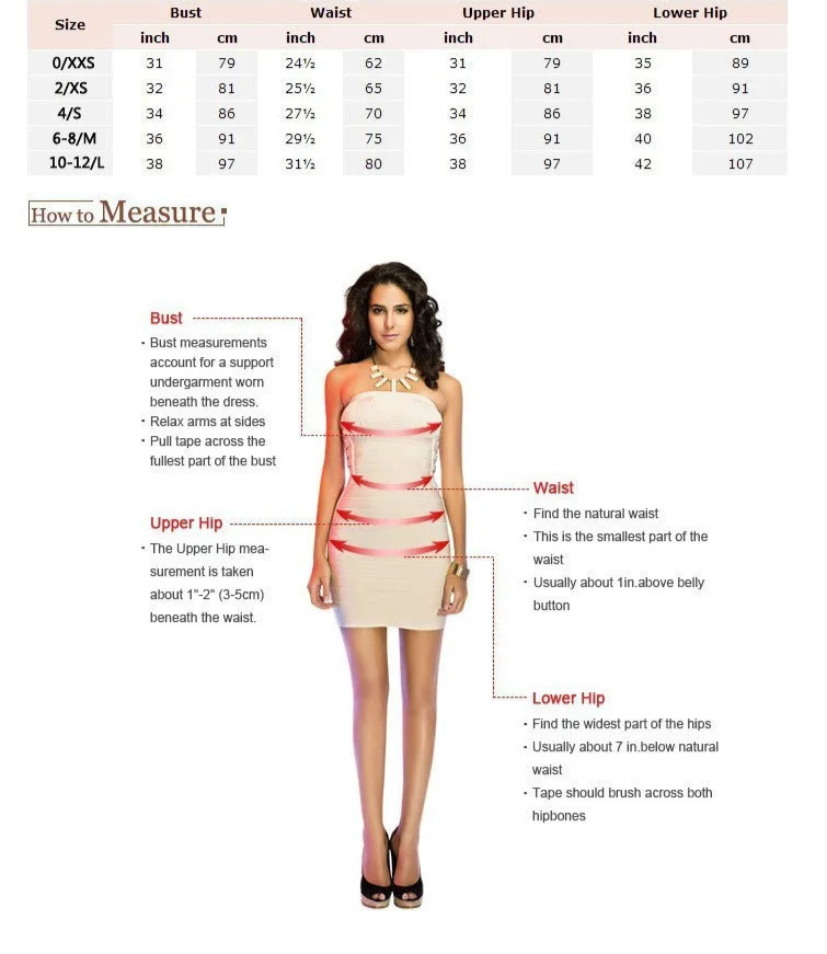 Size chart for strapless flower appliqué bandage dress