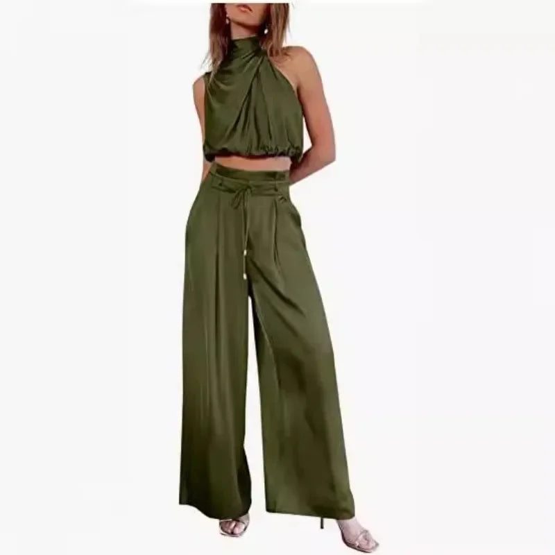 Army green pleated wide leg pants and sleeveless crop top two-piece set