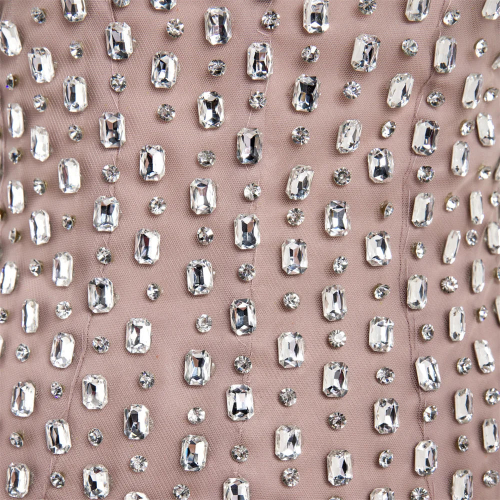 Close-up of rhinestone beading on peplum bodice