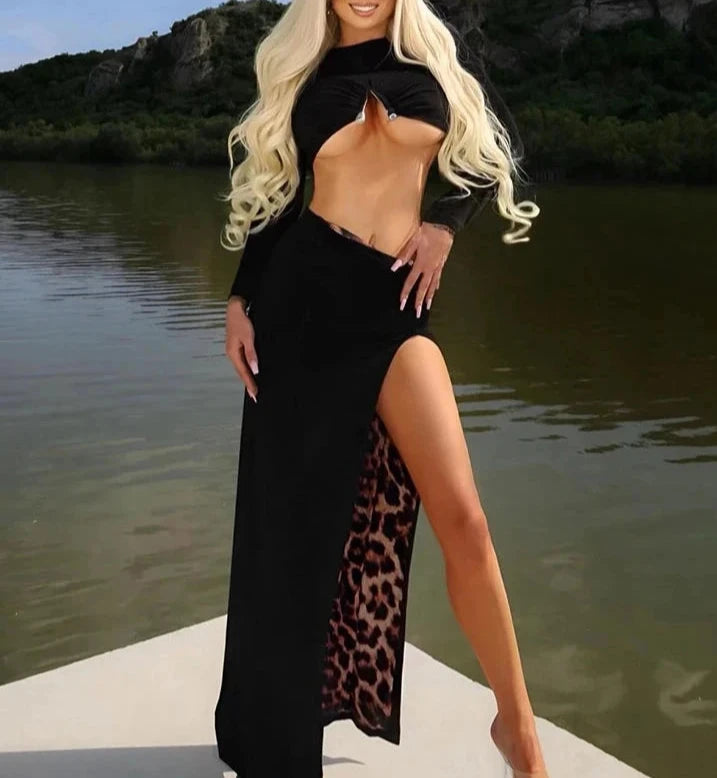 Long Sleeve Crop Top And High Slit Maxi Skirt Set