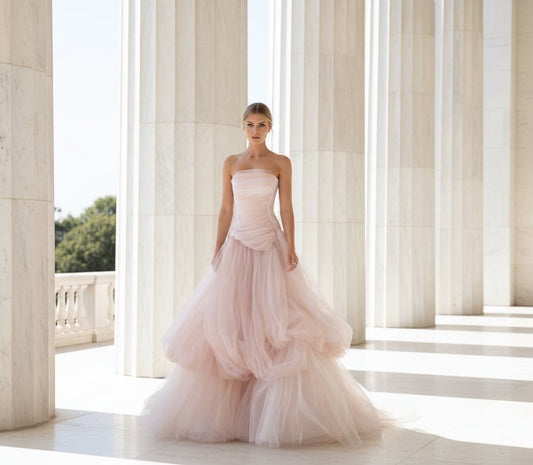 Pink tulle tiered ball gown - front view