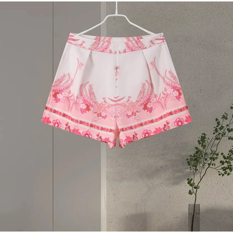 Floral print tailored shorts with waistband in pink