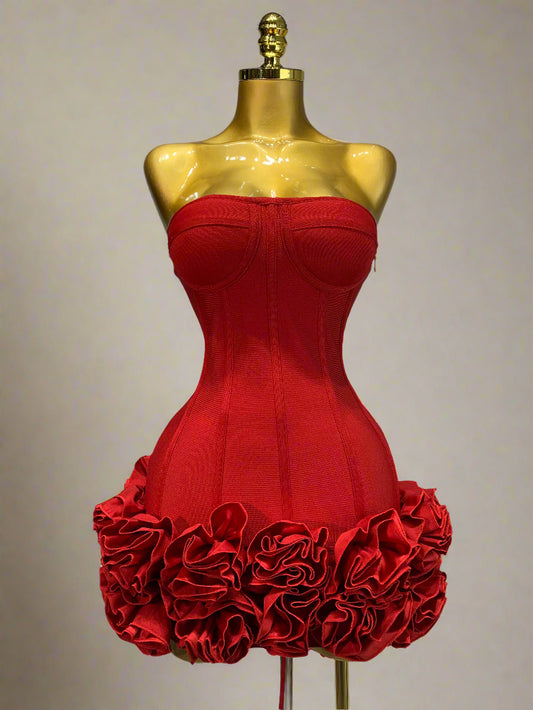 Womens strapless flower embellished mini dress in red