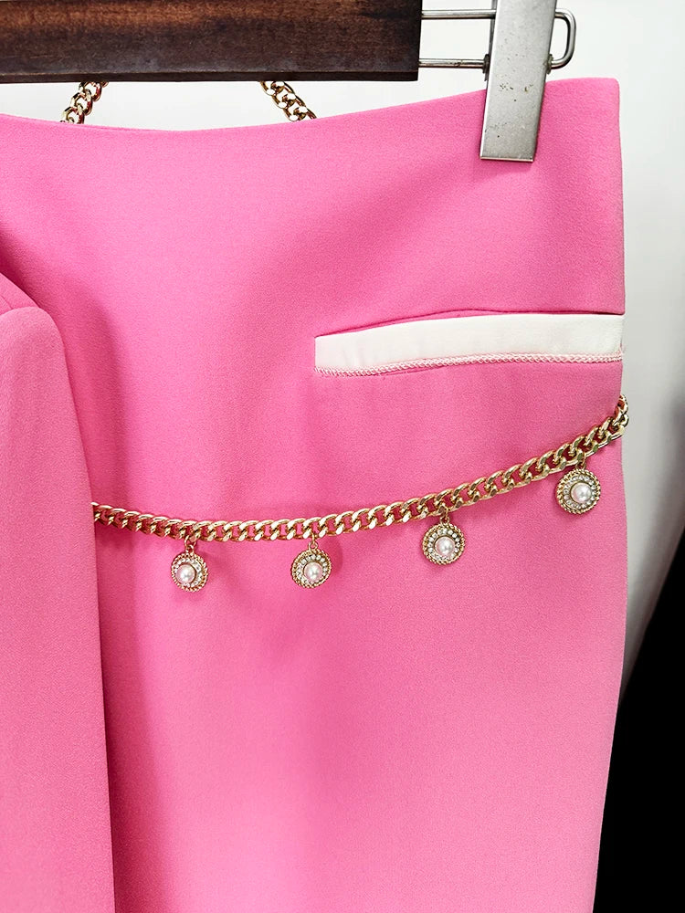 Close-up of pencil silhouette midi skirt in pink suit set